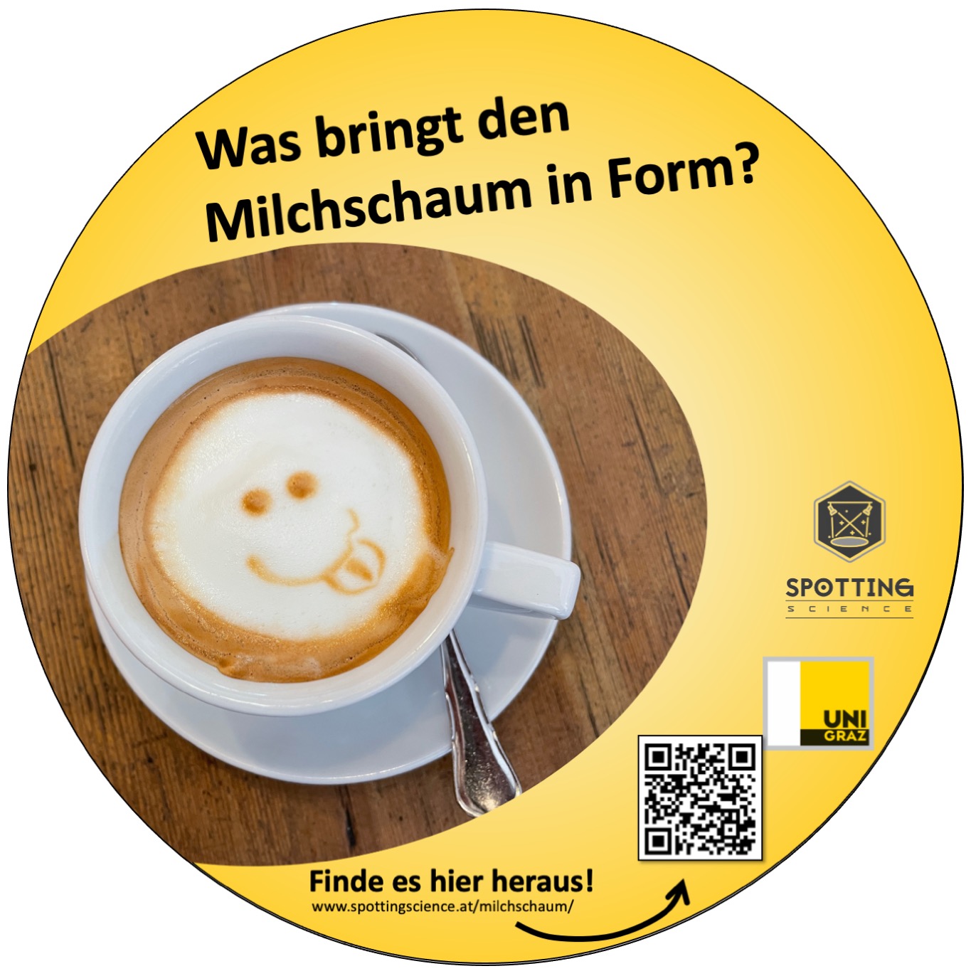 Auszug aus dem Projekt: Eine Tasse Kaffee mit Milchschaum, dazu die Beschriftung "Was bringt den Milchschaum in Form?"